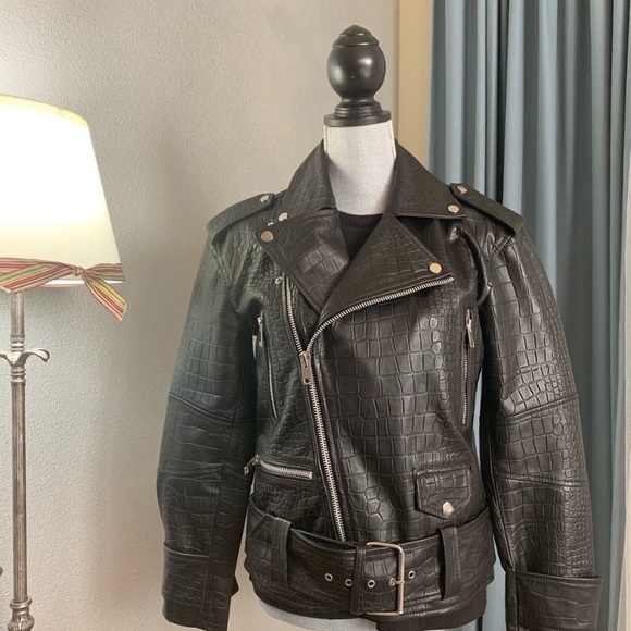 Walter Baker Black and Silver Lamb Skin Leather Motorcycle Jacket - Picture 2 of 12